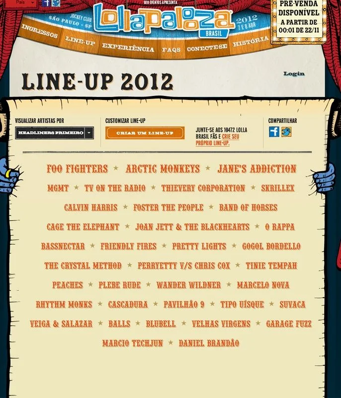 Line-up do Lollapalooza Brasil 2012 com o Cage The Elephant entre as atrações